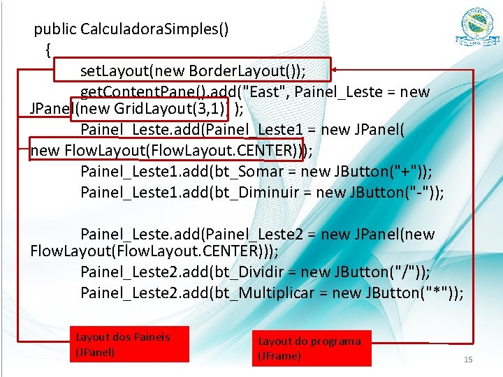 public Calculadora. Simples() { set. Layout(new Border. Layout()); get. Content. Pane(). add("East", Painel_Leste =