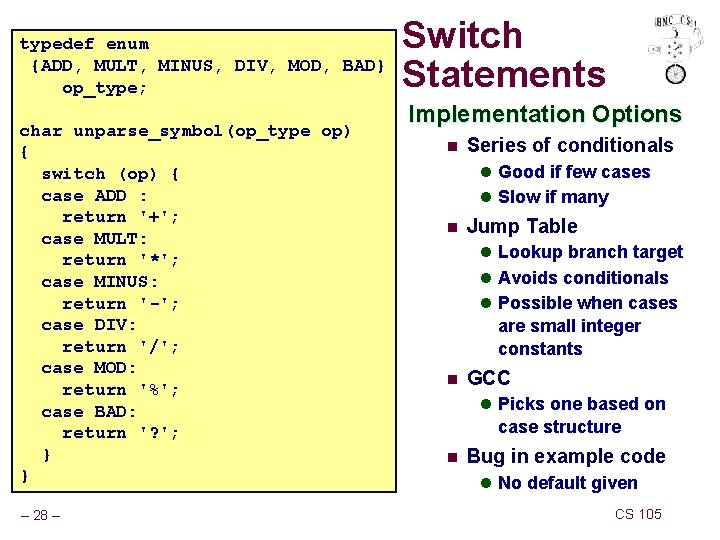 typedef enum {ADD, MULT, MINUS, DIV, MOD, BAD} op_type; char unparse_symbol(op_type op) { switch