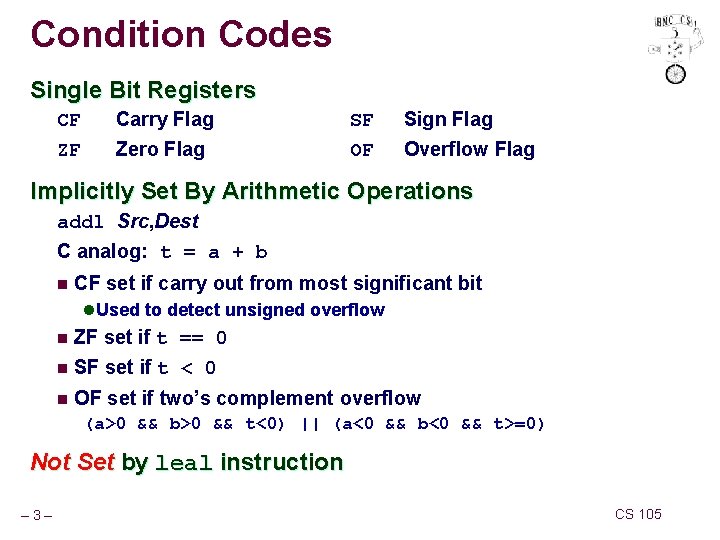 Condition Codes Single Bit Registers CF ZF Carry Flag Zero Flag SF OF Sign