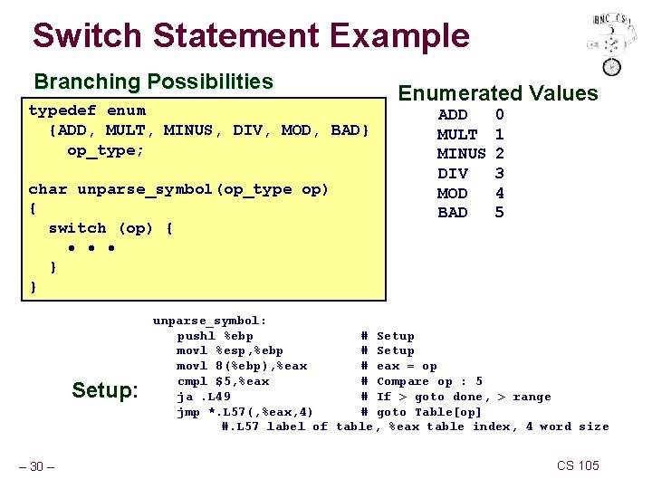 Switch Statement Example Branching Possibilities typedef enum {ADD, MULT, MINUS, DIV, MOD, BAD} op_type;
