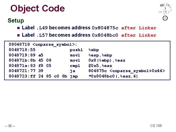 Object Code Setup n n Label. L 49 becomes address 0 x 804875 c