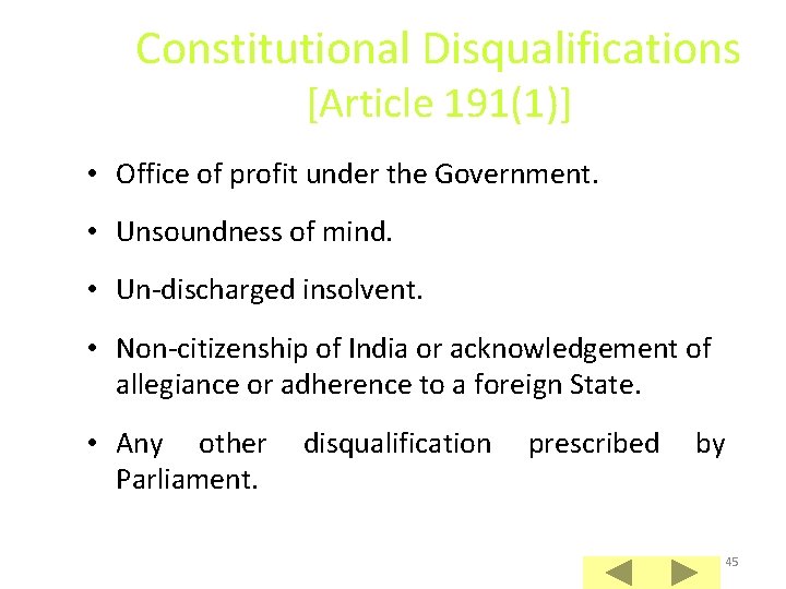 Constitutional Disqualifications [Article 191(1)] • Office of profit under the Government. • Unsoundness of