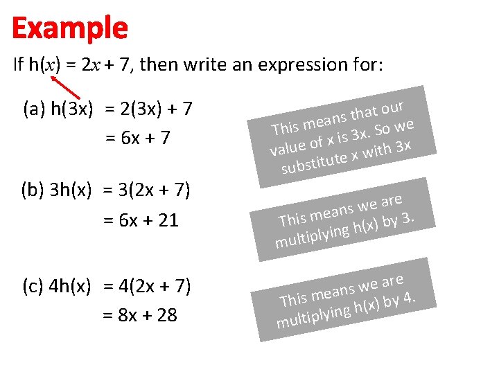 Example If h(x) = 2 x + 7, then write an expression for: (a)