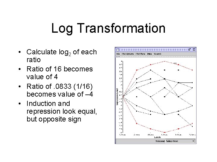 Log Transformation • Calculate log 2 of each ratio • Ratio of 16 becomes