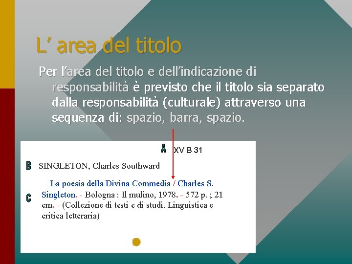 L’ area del titolo Per l’area del titolo e dell’indicazione di responsabilità è previsto