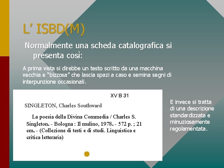 L’ ISBD(M) Normalmente una scheda catalografica si presenta così: A prima vista si direbbe