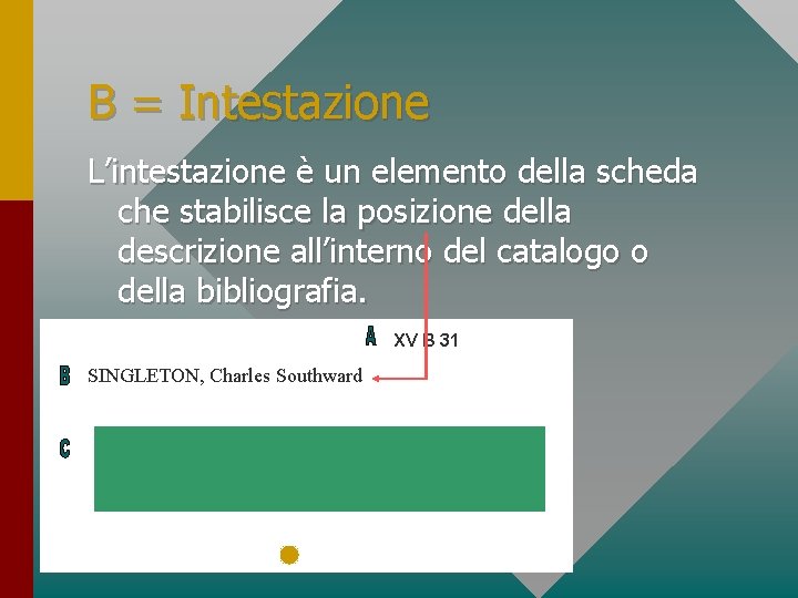 B = Intestazione L’intestazione è un elemento della scheda che stabilisce la posizione della