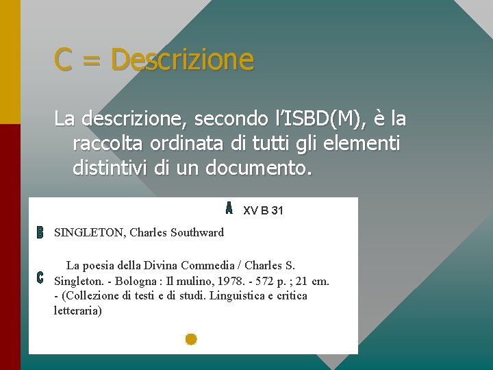 C = Descrizione La descrizione, secondo l’ISBD(M), è la raccolta ordinata di tutti gli