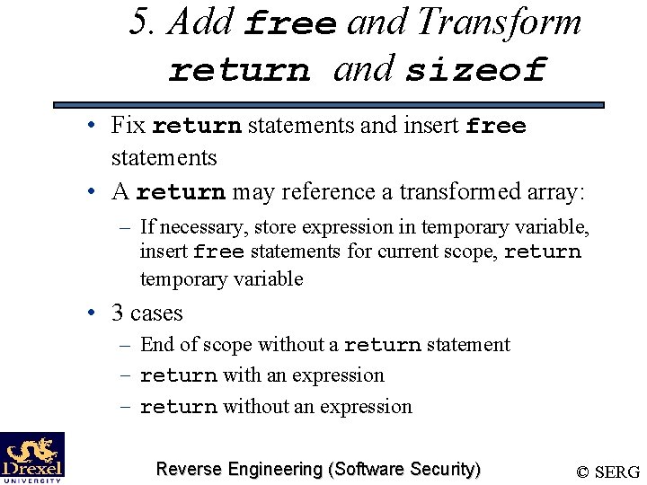5. Add free and Transform return and sizeof • Fix return statements and insert