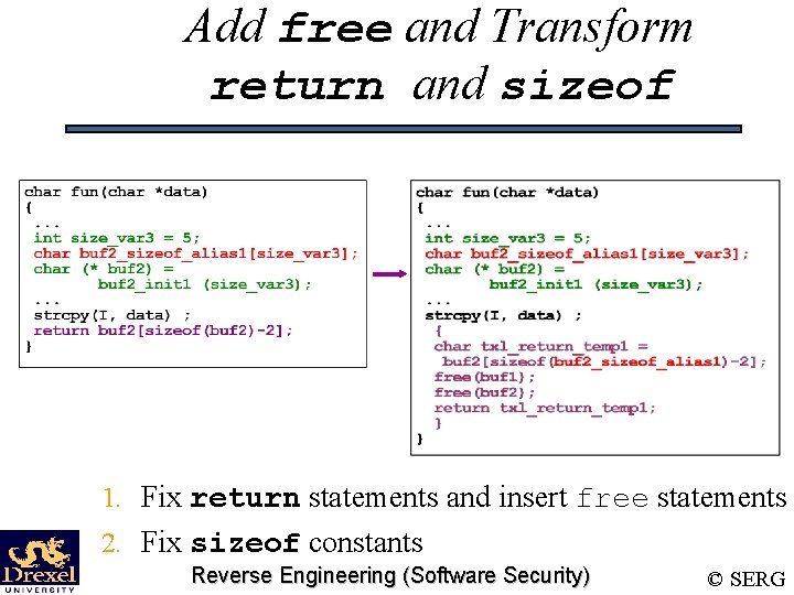 Add free and Transform return and sizeof 1. Fix return statements and insert free