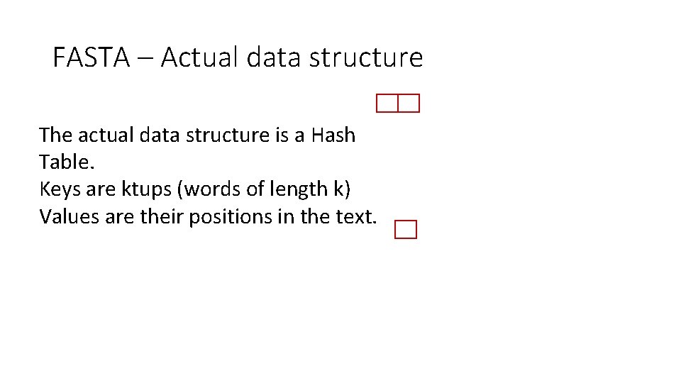 FASTA – Actual data structure The actual data structure is a Hash Table. Keys