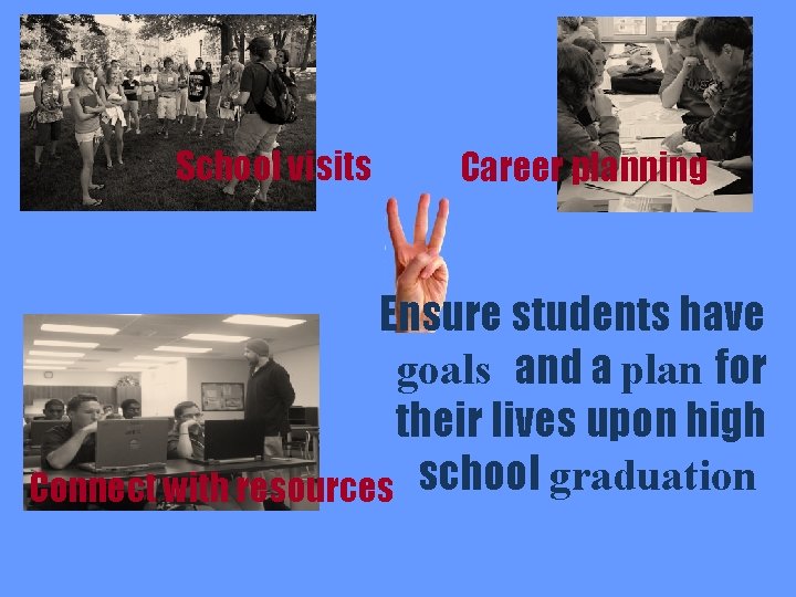 School visits Career planning Ensure students have goals and a plan for their lives