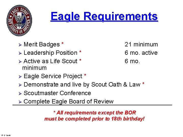 Eagle Requirements Merit Badges * 21 minimum Ø Leadership Position * 6 mo. active