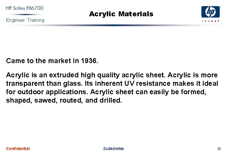 Engineer Training Acrylic Materials Came to the market in 1936. Acrylic is an extruded