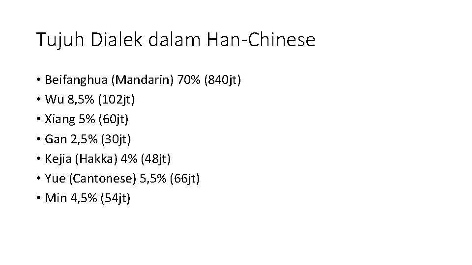 Tujuh Dialek dalam Han-Chinese • Beifanghua (Mandarin) 70% (840 jt) • Wu 8, 5%