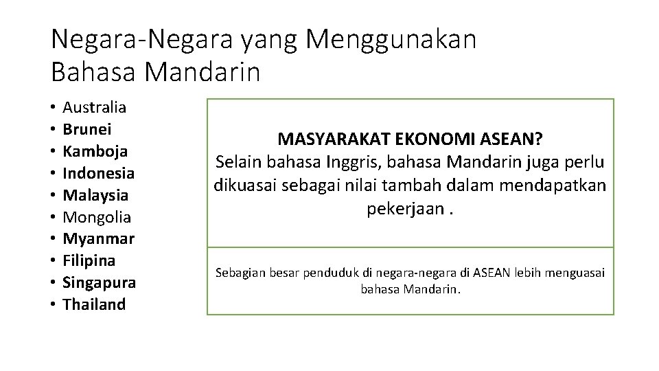 Negara-Negara yang Menggunakan Bahasa Mandarin • • • Australia Brunei Kamboja Indonesia Malaysia Mongolia