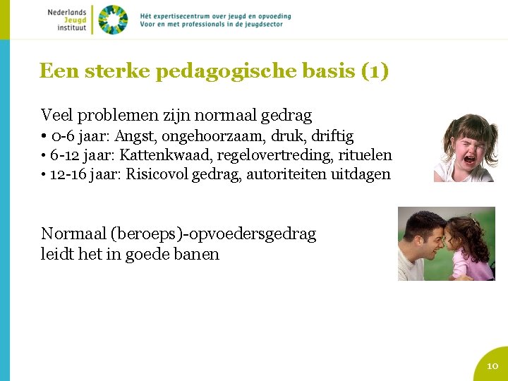 Een sterke pedagogische basis (1) Veel problemen zijn normaal gedrag • 0 -6 jaar: