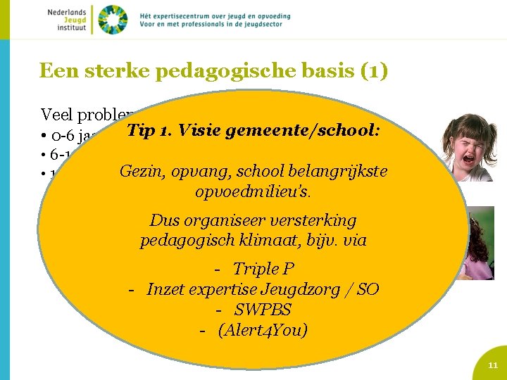 Een sterke pedagogische basis (1) Veel problemen zijn normaal gedrag Tip 1. Visie gemeente/school: