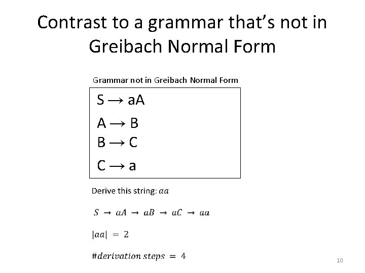 Contrast to a grammar that’s not in Greibach Normal Form Grammar not in Greibach