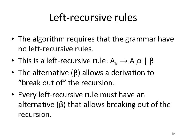 Left-recursive rules • The algorithm requires that the grammar have no left-recursive rules. •