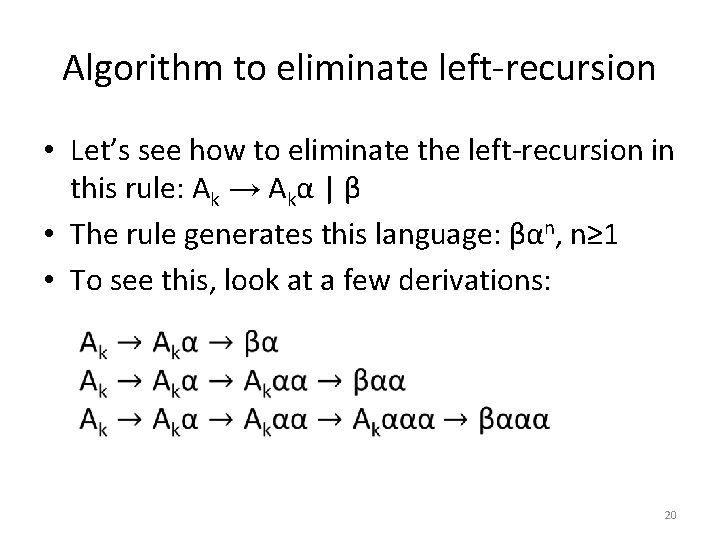 Algorithm to eliminate left-recursion • Let’s see how to eliminate the left-recursion in this