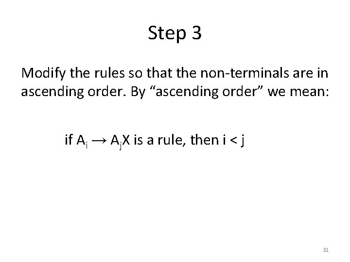 Step 3 Modify the rules so that the non-terminals are in ascending order. By