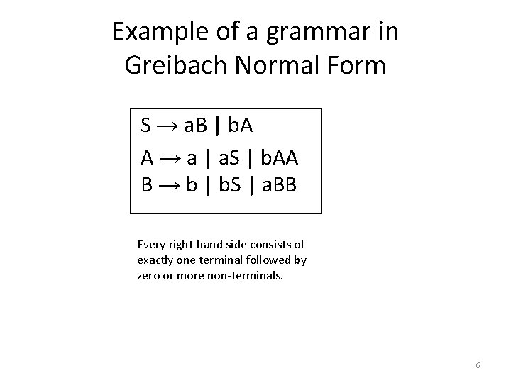 Example of a grammar in Greibach Normal Form S → a. B | b.