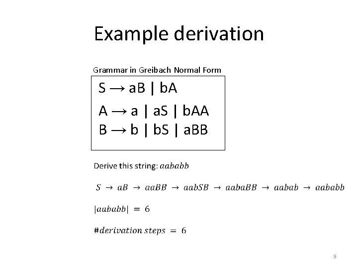 Example derivation Grammar in Greibach Normal Form S → a. B | b. A