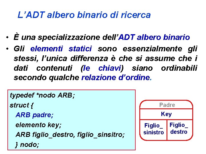 L’ADT albero binario di ricerca • È una specializzazione dell’ADT albero binario • Gli