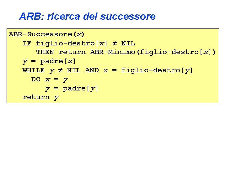 ARB: ricerca del successore ABR-Successore(x) IF figlio-destro[x] NIL THEN return ABR-Minimo(figlio-destro[x]) y = padre[x]