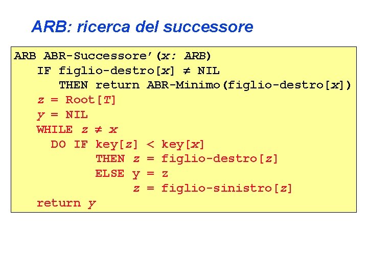 ARB: ricerca del successore ARB ABR-Successore’(x: ARB) IF figlio-destro[x] NIL THEN return ABR-Minimo(figlio-destro[x]) z