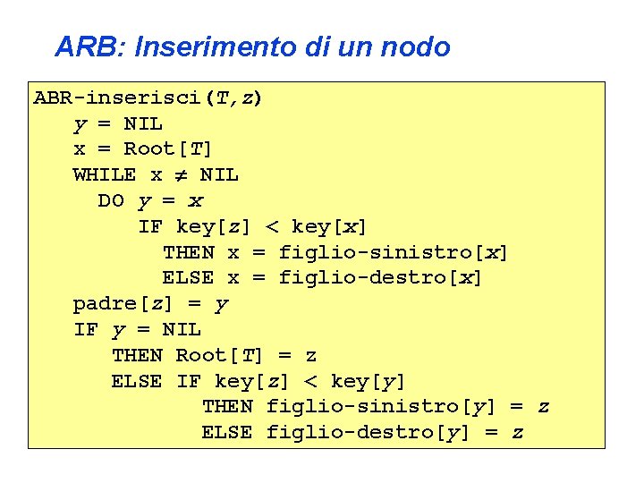 ARB: Inserimento di un nodo ABR-inserisci(T, z) y = NIL x = Root[T] WHILE