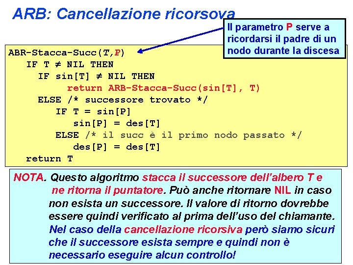 ARB: Cancellazione ricorsova Il parametro P serve a ricordarsi il padre di un nodo