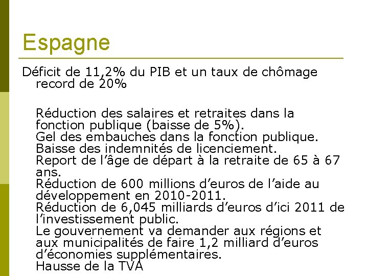 Espagne Déficit de 11, 2% du PIB et un taux de chômage record de