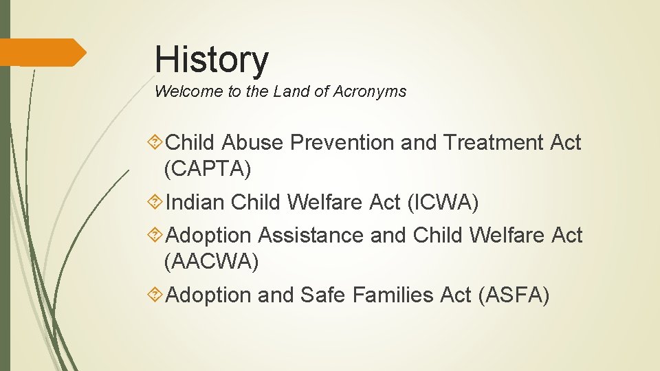 History Welcome to the Land of Acronyms Child Abuse Prevention and Treatment Act (CAPTA)