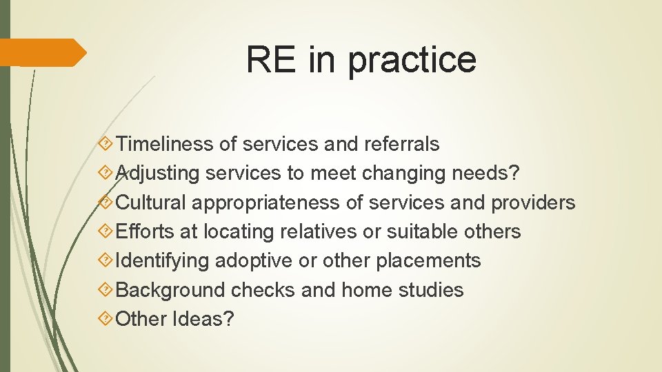 RE in practice Timeliness of services and referrals Adjusting services to meet changing needs?