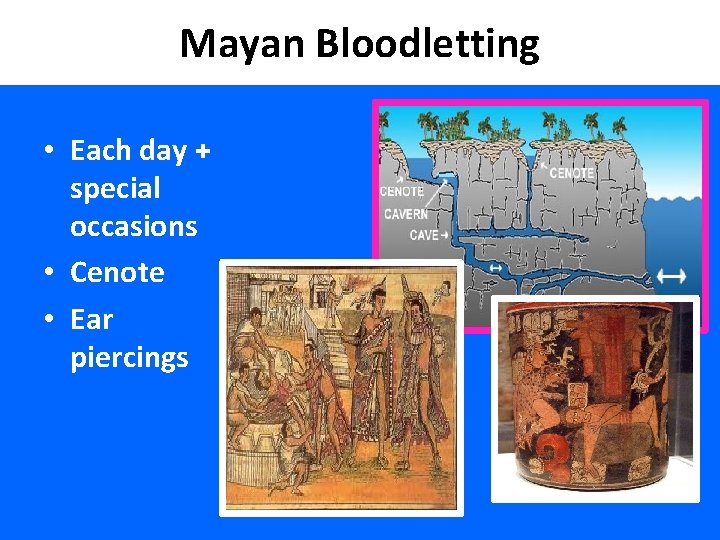Mayan Bloodletting • Each day + special occasions • Cenote • Ear piercings 