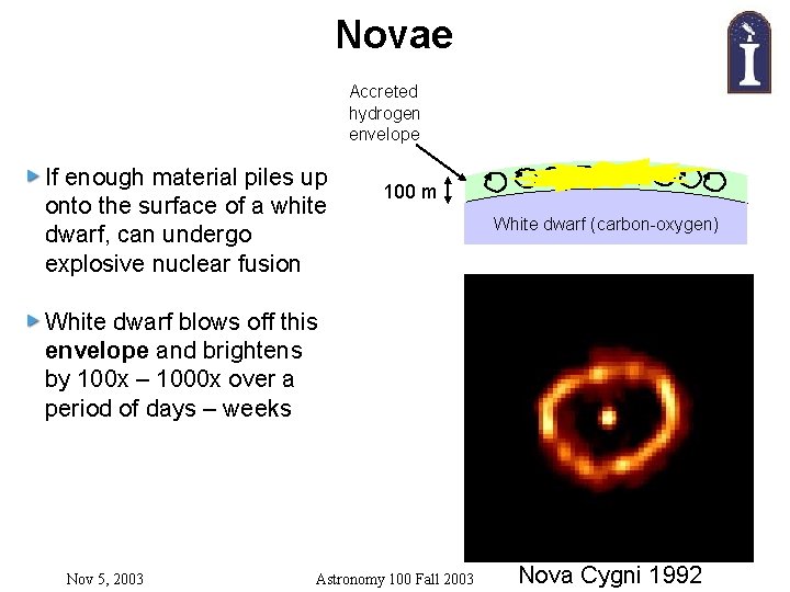 Novae Accreted hydrogen envelope If enough material piles up onto the surface of a