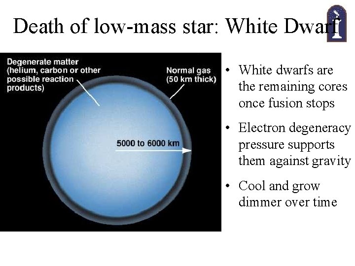 Death of low-mass star: White Dwarf • White dwarfs are the remaining cores once