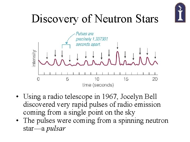Discovery of Neutron Stars • Using a radio telescope in 1967, Jocelyn Bell discovered