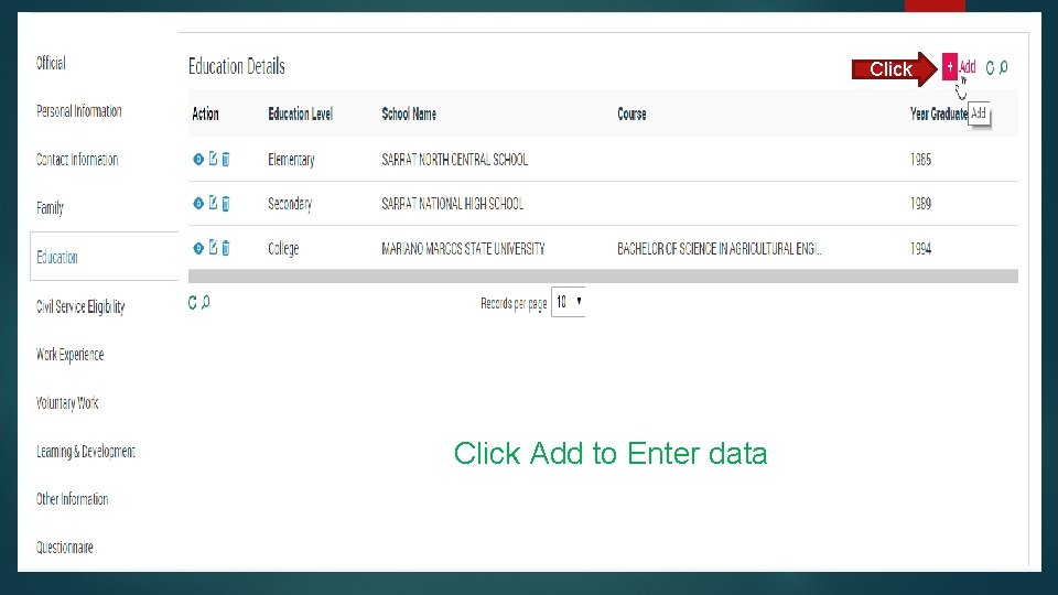 Click Add to Enter data 