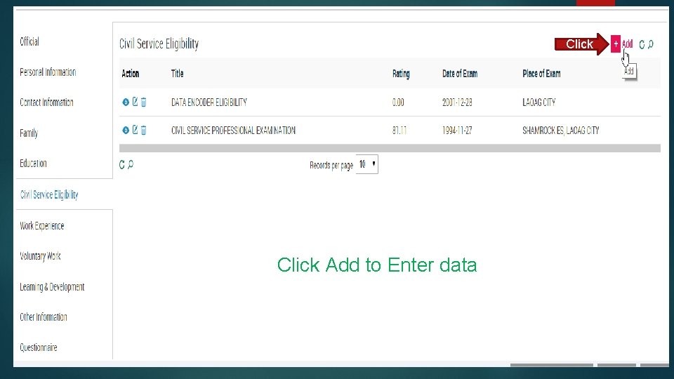 Click Add to Enter data 