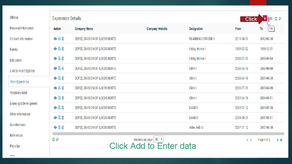 Click Add to Enter data 