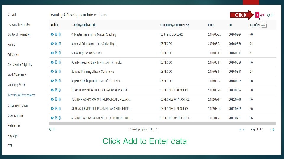Click Add to Enter data 