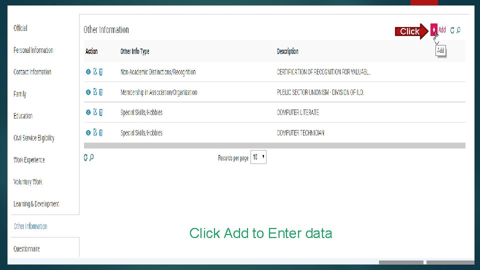 Click Add to Enter data 