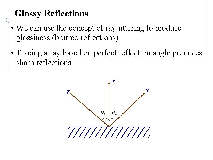 Glossy Reflections • We can use the concept of ray jittering to produce glossiness