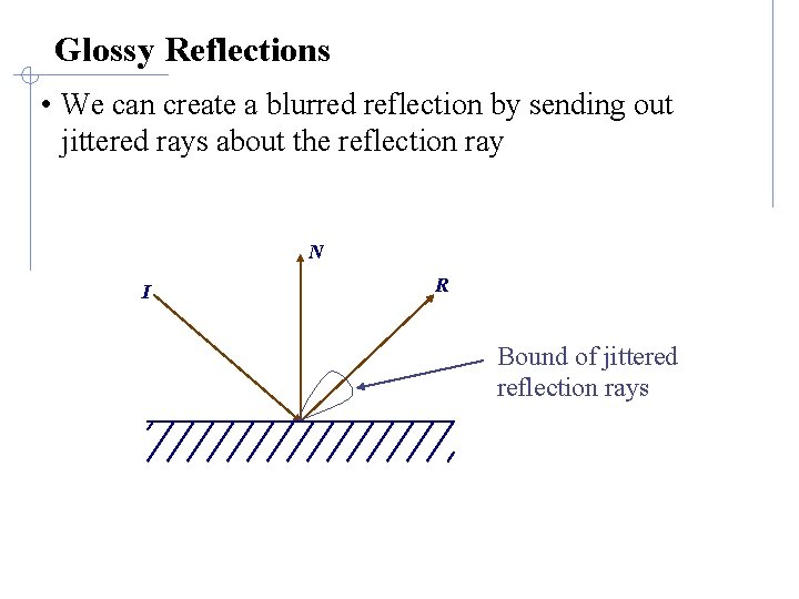 Glossy Reflections • We can create a blurred reflection by sending out jittered rays