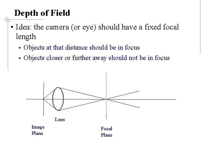 Depth of Field • Idea: the camera (or eye) should have a fixed focal