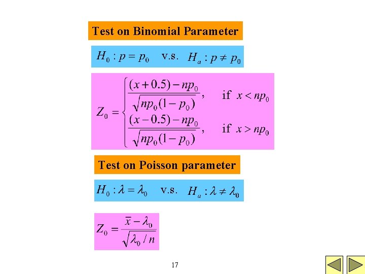 Test on Binomial Parameter v. s. if if Test on Poisson parameter v. s.