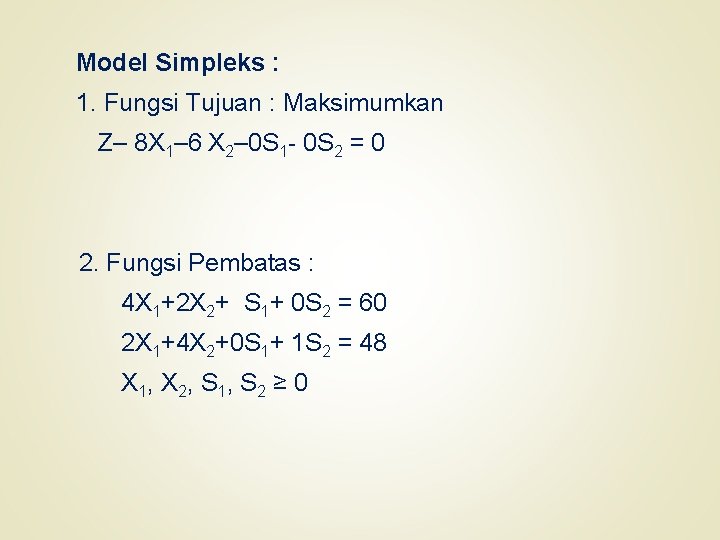 Model Simpleks : 1. Fungsi Tujuan : Maksimumkan Z– 8 X 1– 6 X